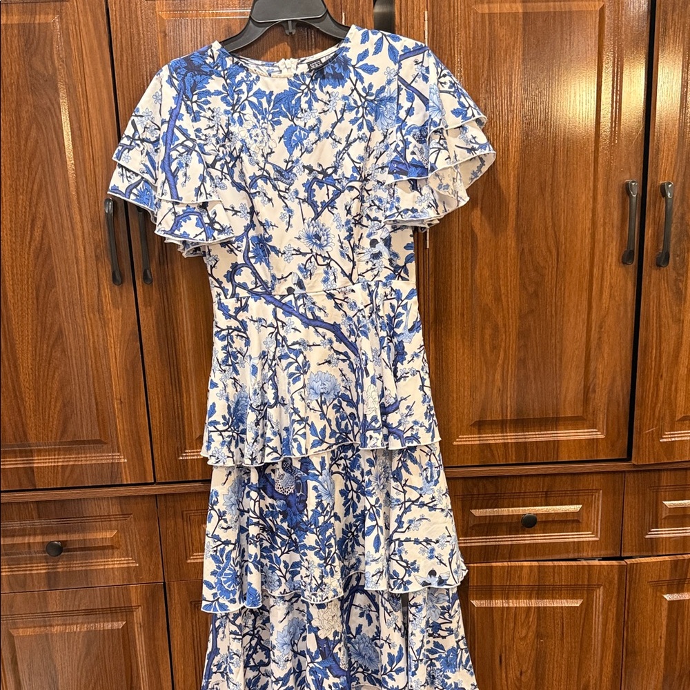 SHEIN Blue and White Floral Tiered Midi Dress